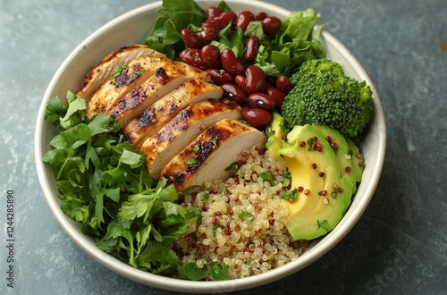 Nutritious grilled chicken bowl with quinoa, beans, avocado, broccoli, and fr...