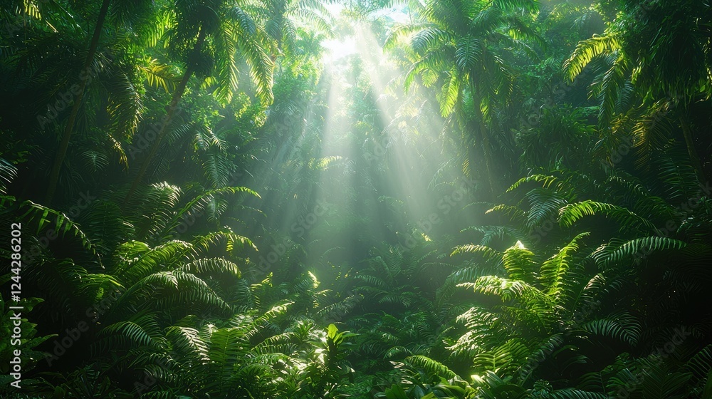 Fototapeta premium Lush Tropical Rainforest Sunlight Beams Through Canopy