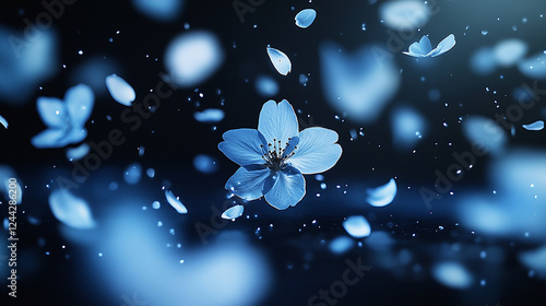 Soft blue cherry blossom petals drifting in darkness