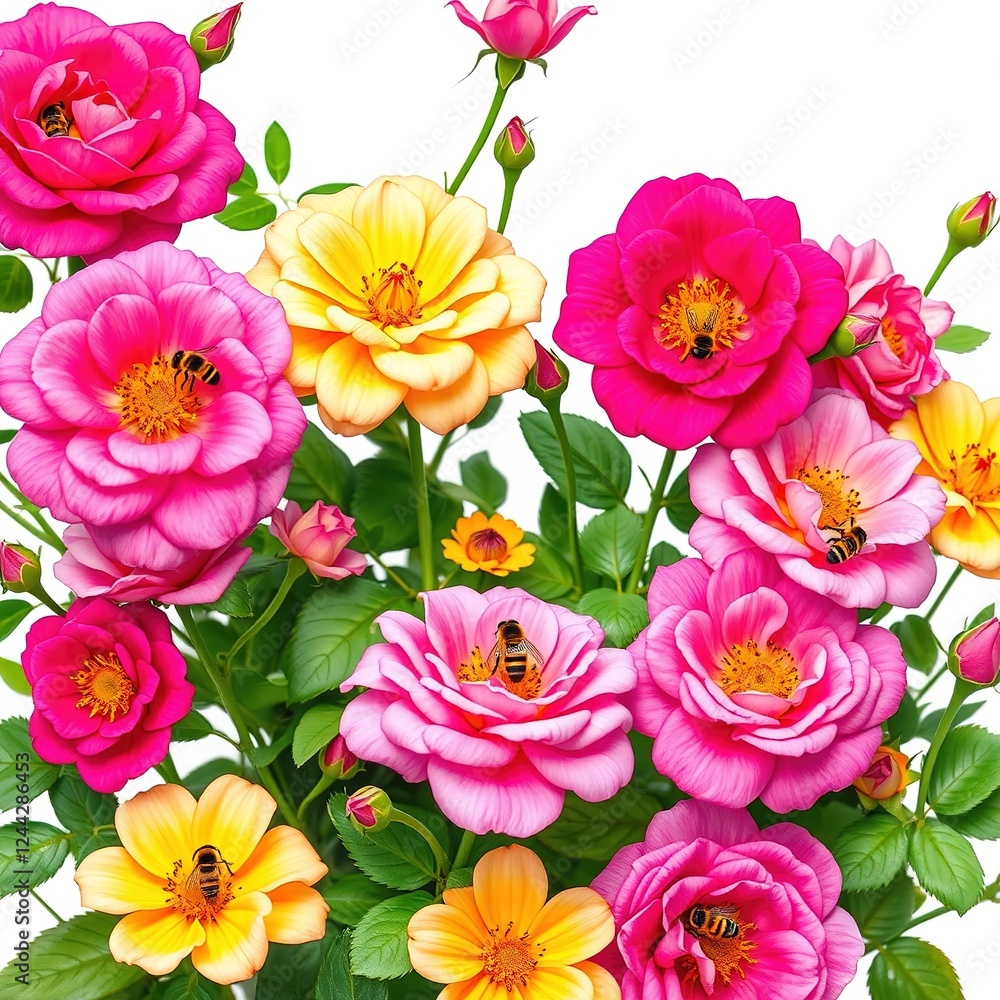 Honeybee Haven: Bustling Flowerbed Adorned with Blooming Roses Honeybee Haven: Bustling Flowerbed Adorned with Blooming Roses