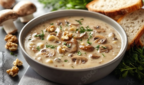Creamy mushroom soup served with toasted bread and walnuts for a comforting meal