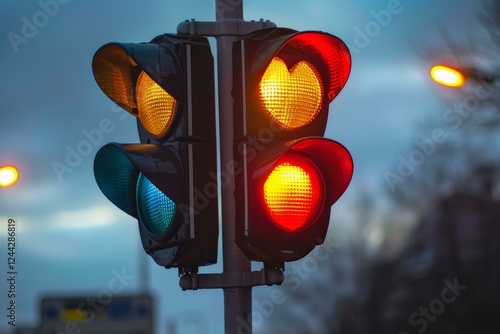 Traffic light regulating traffic flow showing all three colors at dusk photo