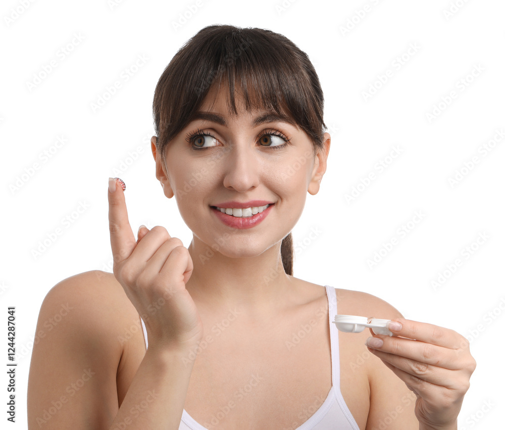 Young woman with color contact lens and case on white background Young woman with color contact lens and case on white background
