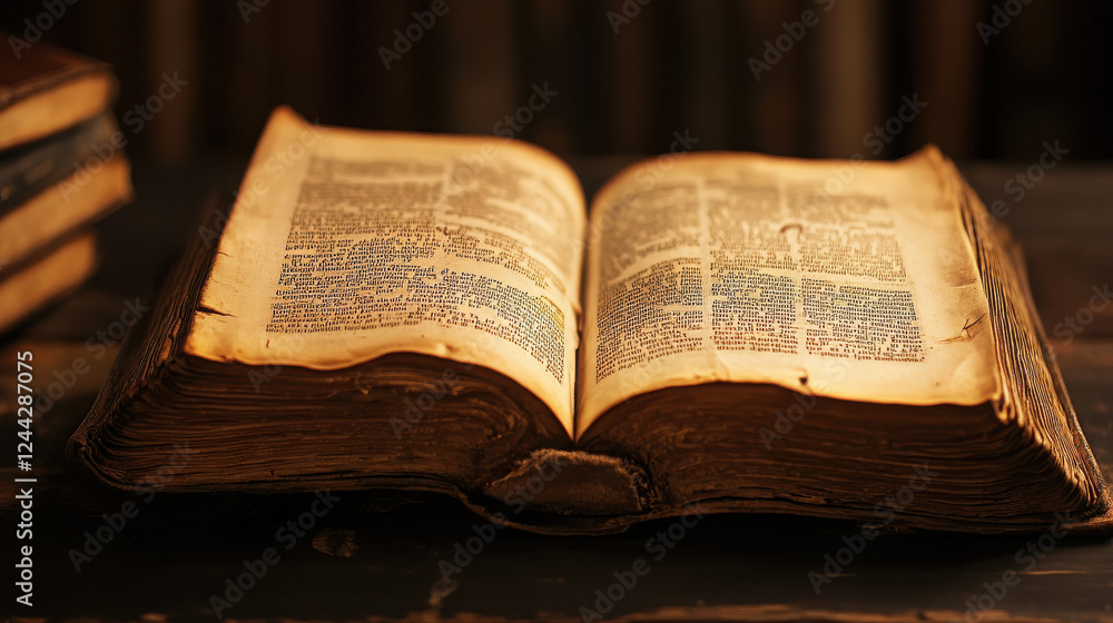 Obraz premium An open antique book with yellowed pages resting on a wooden surface.