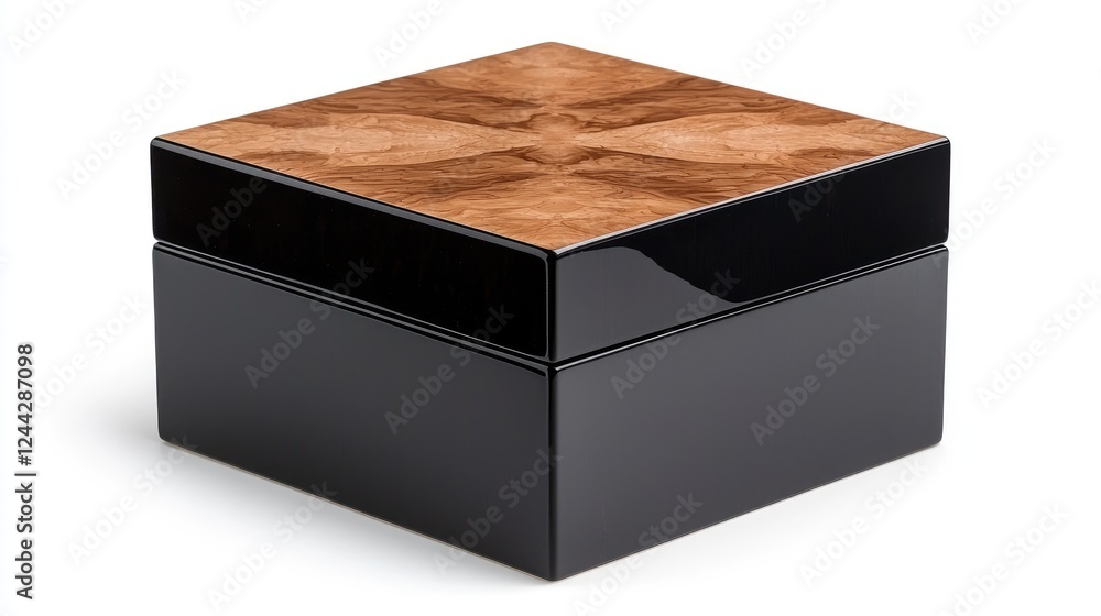Square wooden box, black lacquer, brown top, white background, gift packaging