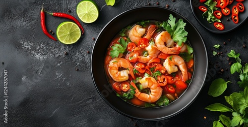 Shrimp dish with fresh vegetables and herbs served in a black bowl