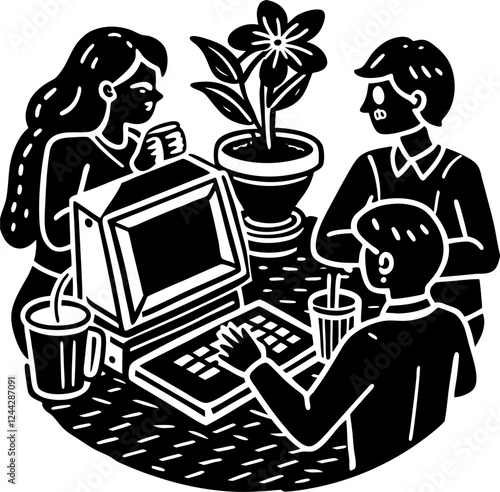 abstract illustration admin people playing computer business concept flowerpot