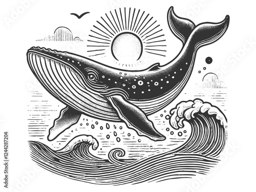Humpback Whale Jumping from Waves engraving vector