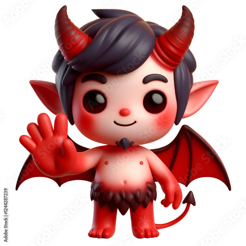 3D Cute demon waves his hand isolated on white background