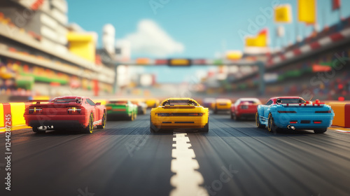 Pixel race game top view. Motorsport competition road, racetrack straight lane with sport cars cubic vector background or screen. Retro 8 bit racing game track circuit pixelated backdrop photo