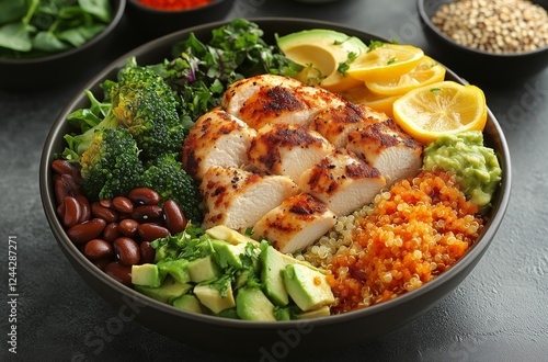Grilled chicken quinoa bowl with fresh vegetables and avocado for healthy eating