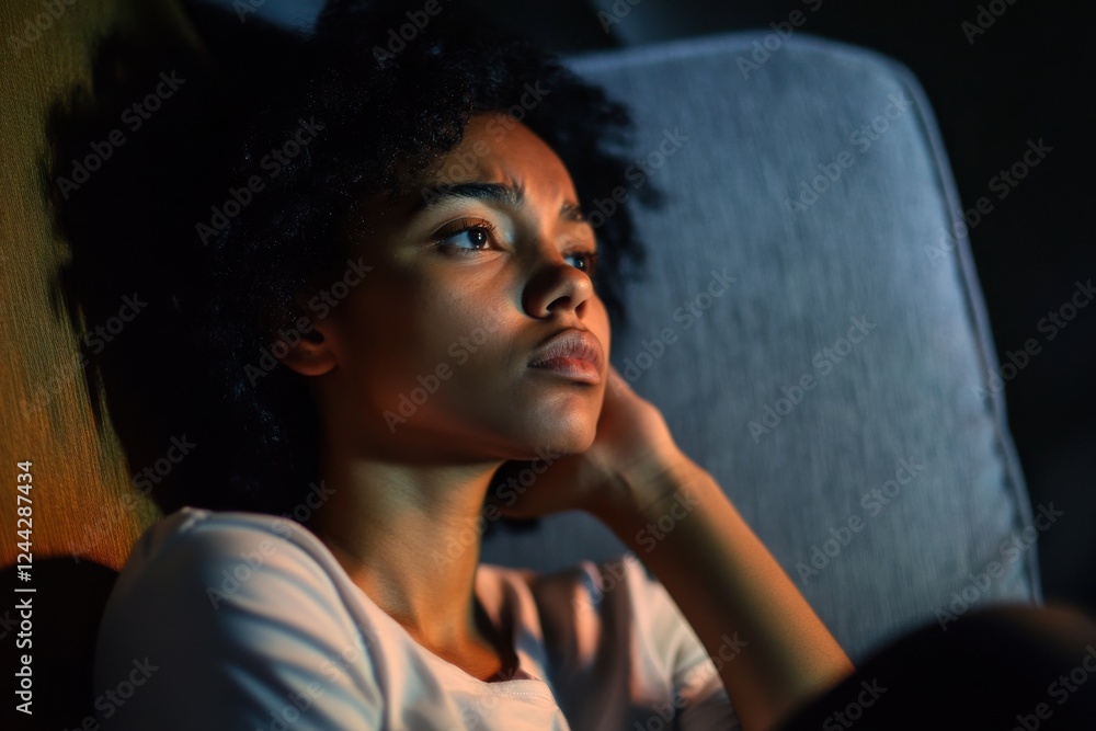Young woman in deep thought while relaxing on the couch during evening hours Young woman in deep thought while relaxing on the couch during evening hours