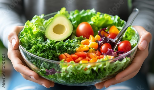 Fresh salad bowl filled with colorful vegetables and greens in hands during a...