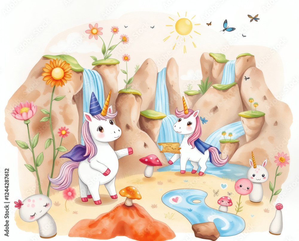 Enchanting unicorns explore a whimsical landscape filled with flowers, waterfalls, and playful creatures in a vibrant fantasy world Enchanting unicorns explore a whimsical landscape filled with flowers, waterfalls, and playful creatures in a vibrant fantasy world