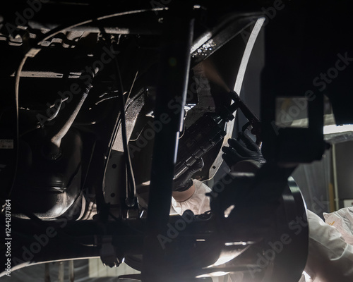 An auto mechanic applies anti-corrosion mastic to the underbody of a car. photo