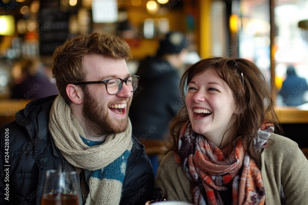 Friends enjoy laughter and conversation together in a cozy cafe during a chilly day Friends enjoy laughter and conversation together in a cozy cafe during a chilly day