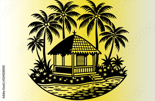 illustration of traditional house beside beach coconut tree landscape