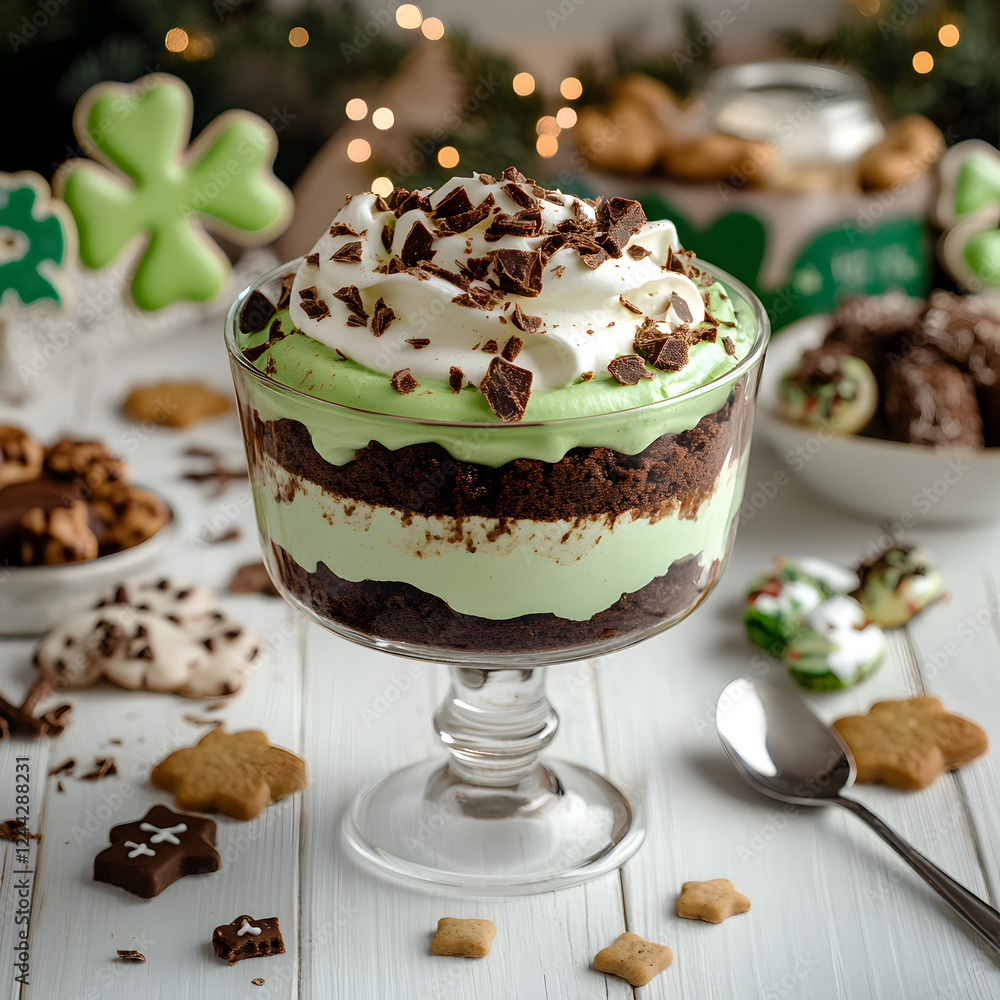 Delicious layered dessert featuring chocolate and mint flavors served in a glass bowl with festive decorations Delicious layered dessert featuring chocolate and mint flavors served in a glass bowl with festive decorations