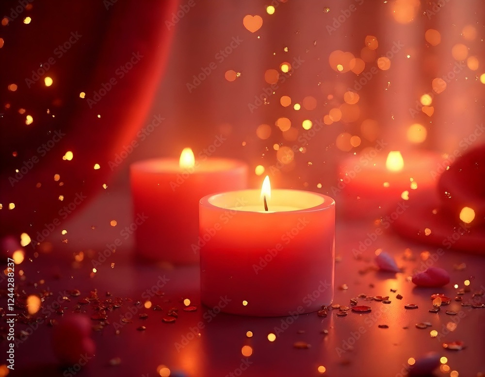 Romantic Scene Golden Particles Heart Shape Candles Warm Valentine's Day Romantic Scene Golden Particles Heart Shape Candles Warm Valentine's Day