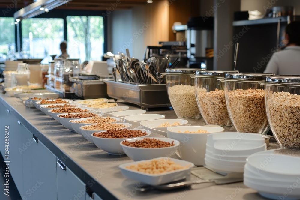Fototapeta premium Breakfast buffet featuring an extensive selection of cereals and toppings in a modern setting