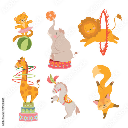 Circus. Circus animals actors. Mobile Fair. Holiday. Performance. Tricks. Attributes of a circus show. Decorations for the holiday. Vector illustration