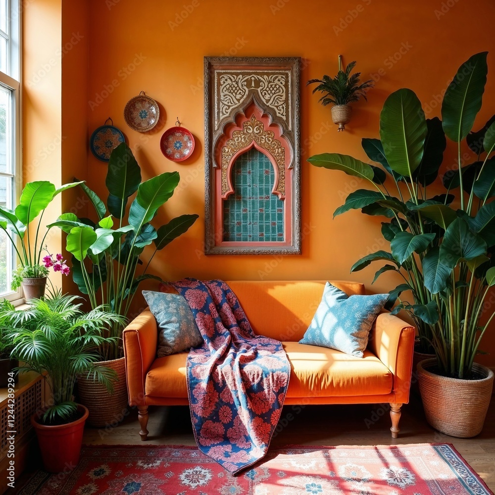Naklejka premium A vibrant studio with eclectic decor, patterned textiles, and an array of indoor plants, showcasing a bohemian vibe