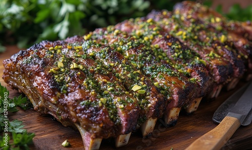 Grilled rack of ribs with herb crust served on wooden board in a rustic setting