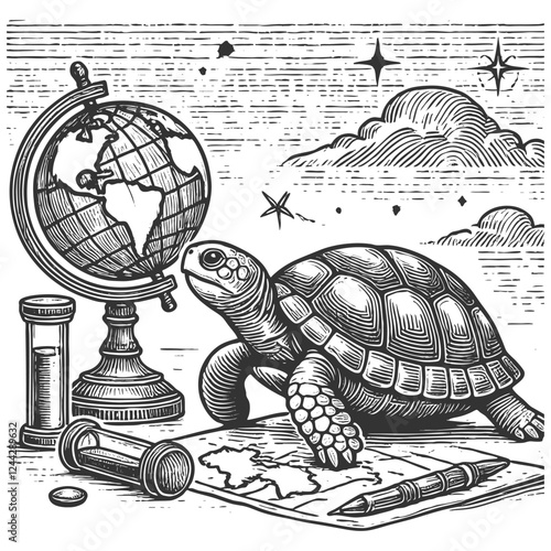 Tortoise with Globe and Map engraving vector