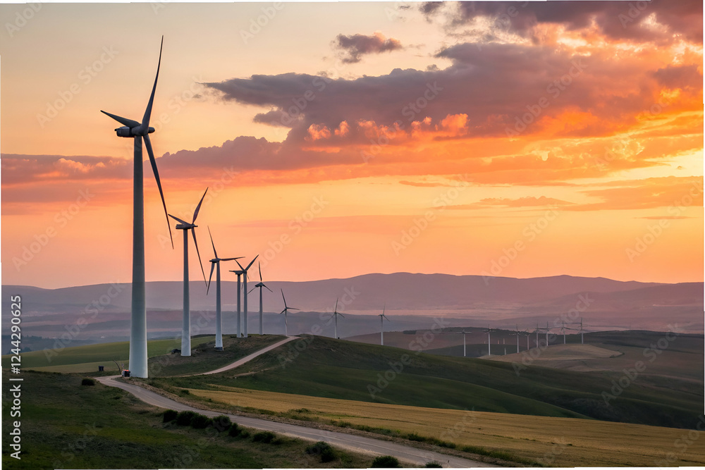 Obraz premium Climate Change Impact ,A scenic landscape featuring wind turbines against a vibrant sunset, highlighting renewable energy and natural beauty.
