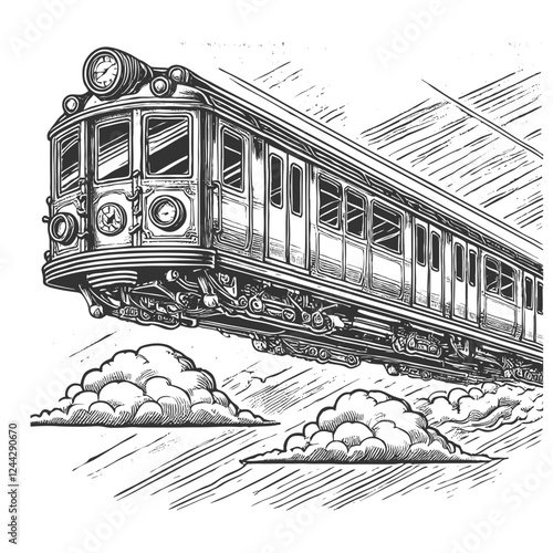 Flying Train in the Sky engraving vector