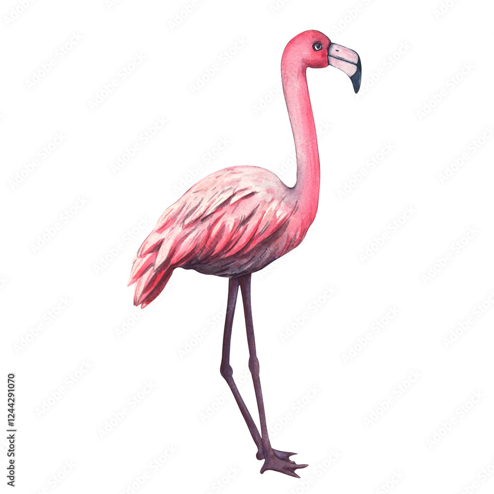 Fototapeta premium Watercolor pink flamingo. Hand drawn illustration of pink tropical bird. Beautiful Exotic wildlife bird Isolated on White Background. Template for invitation, card, cosmetic package