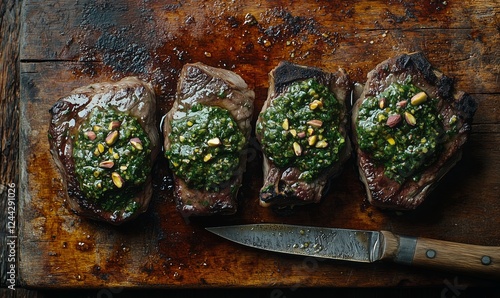 Grilled steaks topped with pesto and nuts on rustic wooden cutting board