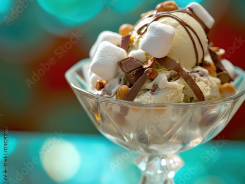 A glass bowl filled with decadent white rocky road ice cream sundae topped with whipped cream and chocolate sauce on a wooden table a glass bowl with a sundae in it photo