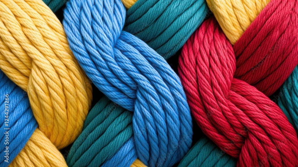 A vibrant, high-quality photograph of intertwined ropes in various colors--red, blue, yellow A vibrant, high-quality photograph of intertwined ropes in various colors--red, blue, yellow
