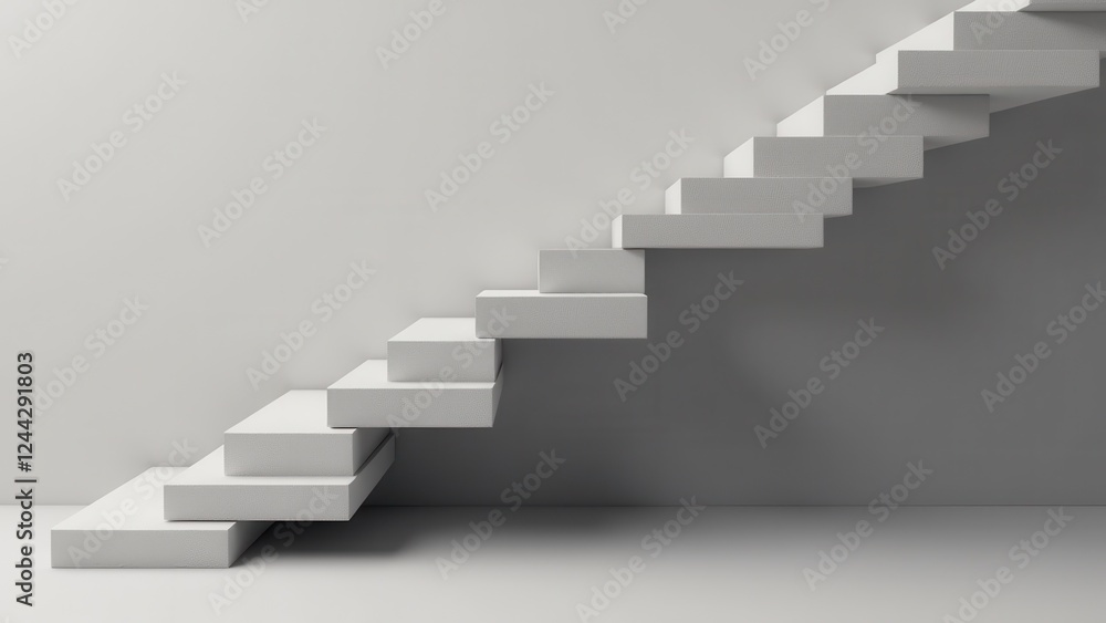 Fototapeta premium A modern, minimalist 3D image of floating stairs against a white and gray background.