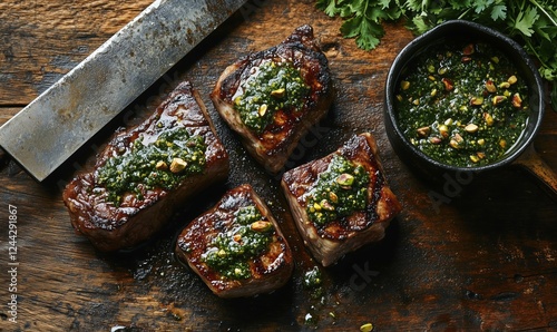 Grilled steaks garnished with vibrant sauce and herbs on wooden table