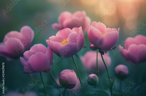 Pink peonies bloom gracefully in a tranquil garden during golden hour