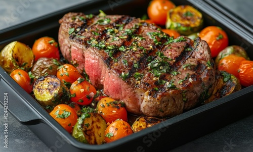 Grilled steak with roasted tomatoes and vegetables in a presentation dish