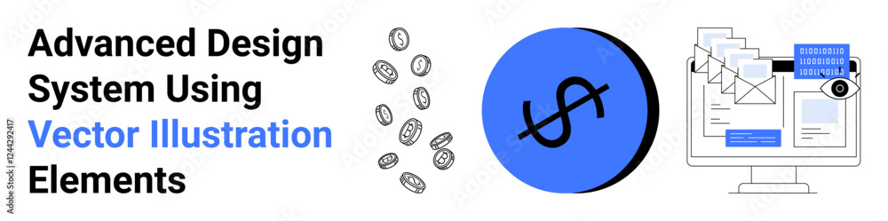 Dollar symbol, scattered coins, digital mail on desktop, showcasing finance, digital systems, business strategy, data analysis, email marketing UIUX design. Ideal for fintech apps SaaS flat Dollar symbol, scattered coins, digital mail on desktop, showcasing finance, digital systems, business strategy, data analysis, email marketing UIUX design. Ideal for fintech apps SaaS flat
