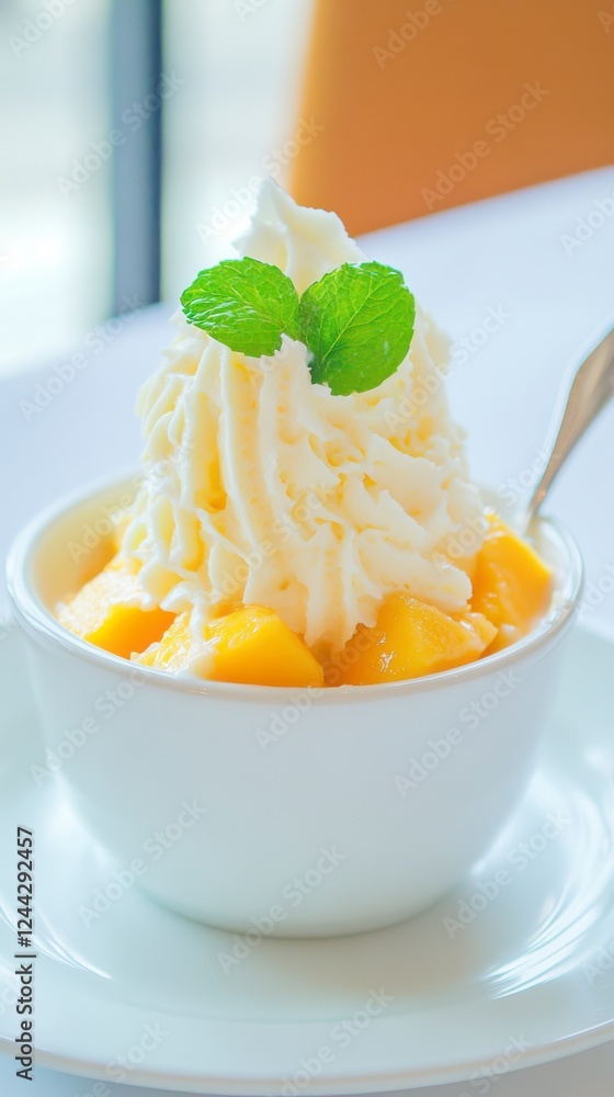 Scrumptious Mango Dessert with Whipped Cream and Mint, A Refreshing Summer Treat Scrumptious Mango Dessert with Whipped Cream and Mint, A Refreshing Summer Treat