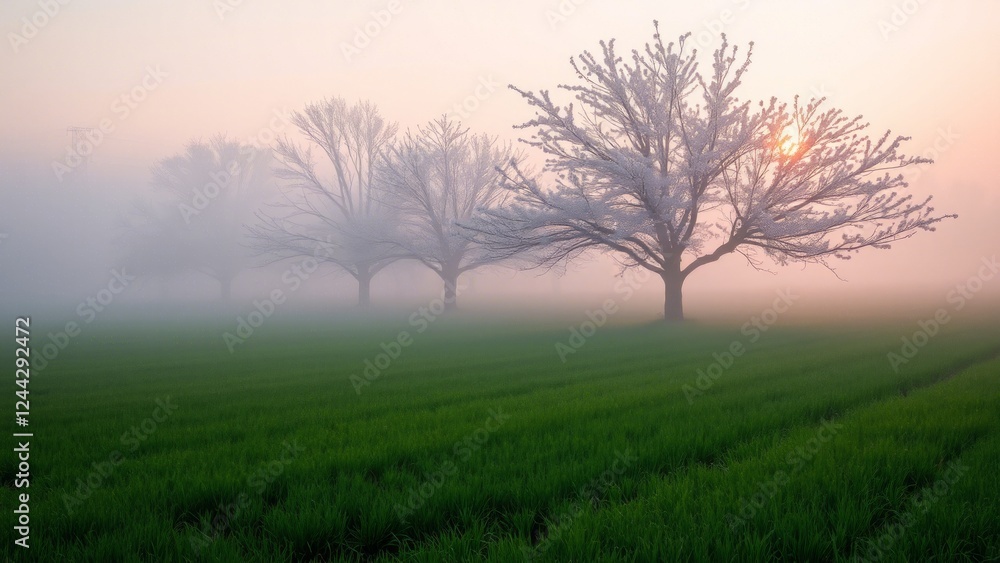 Fototapeta premium Morning in spring: fog over a field, first rays of the sun, blossoming trees