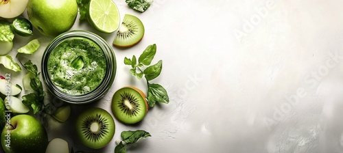 Fresh green smoothie with fruits and vegetables on a light background in a ki...