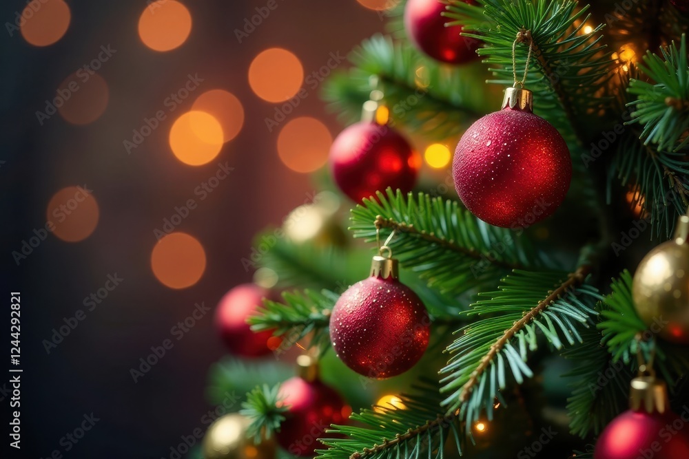 Obraz premium Glittering Christmas tree, colorful ornaments, soft bokeh lights , new year, blurred