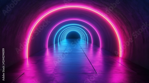 Vibrant neon lights illuminate a tunnel with colorful arches in a modern art ...