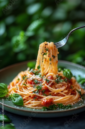 Delicious spaghetti topped with fresh herbs and cheese ready to be enjoyed in...