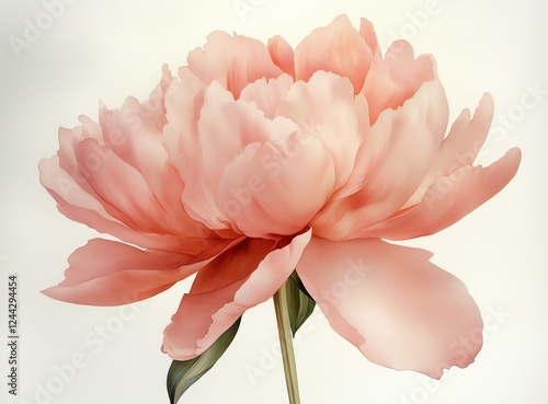 Beautiful pink peony blossom with delicate petals in soft sunlight against ne...
