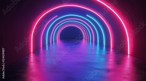 Neon light tunnel with vibrant colors reflecting on the wet floor