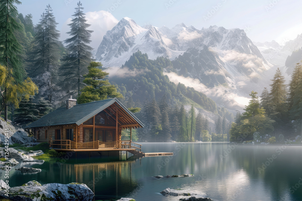 Fototapeta premium Tranquil lakeside cabin surrounded by mountains and lush greenery.