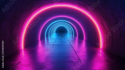 Neon lights illuminate a vibrant tunnel creating a surreal atmosphere at night