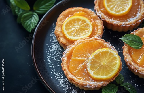 Freshly baked lemon tarts with slices of lemon and mint leaves on a dark plate